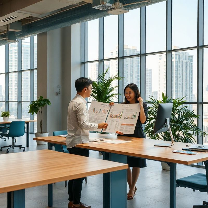 Two professionals reviewing printed KPI dashboards at a standing desk