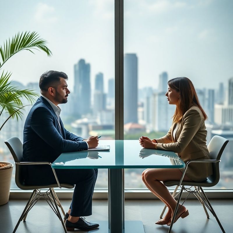 Two professionals in a one-on-one advisory conversation across a minimalist table