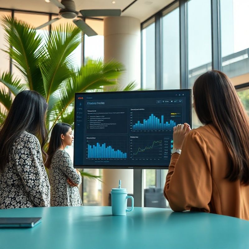 Consulting team reviewing data on a large monitor in a teal-modern meeting room