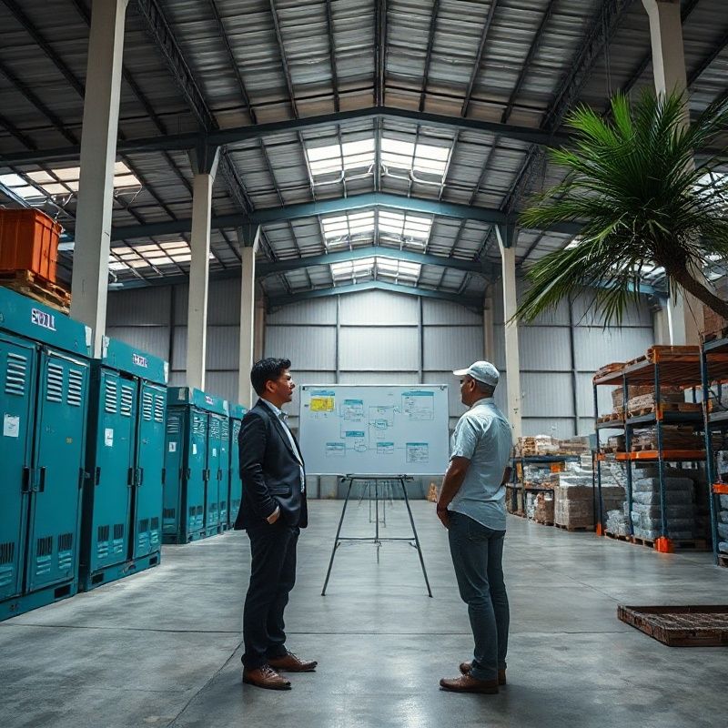 Malaysian logistics warehouse with a consultant reviewing workflow diagrams