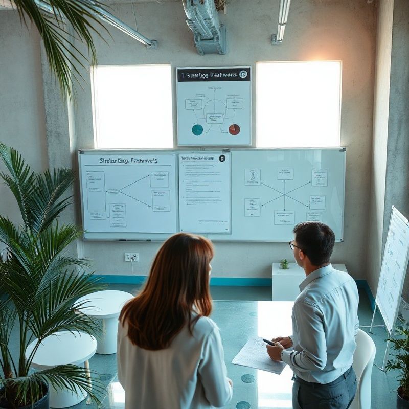 Consultants at a teal-accented whiteboard covered in strategic framework diagrams